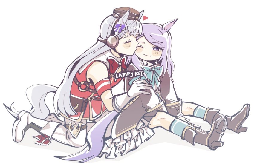 2girls, animal_ears, artist_name, blue_bow, blue_bowtie, blush, boots, bow