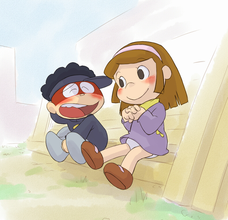 1boy, 1girl, arm_behind_head, bench, black_eyes, black_hair, black_hat, black_sweater