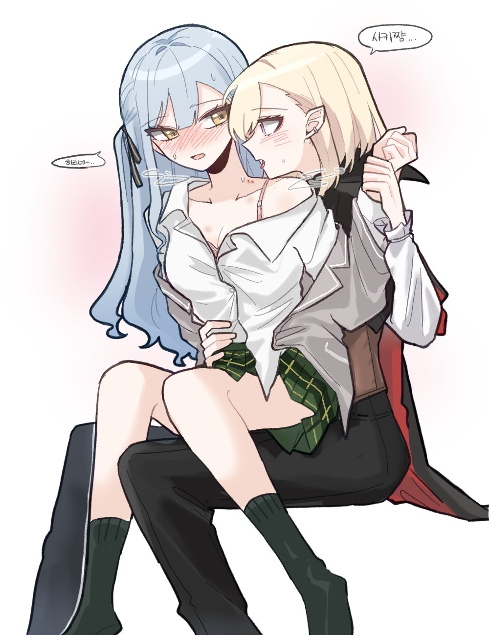 2girls, at_09098, bang_dream!, bang_dream!_it's_mygo!!!!!, bite_mark, black_cape, black_socks, blonde_hair, blue_hair, blush, bra_strap, breasts, cape, cleavage, commentary_request, dress_shirt, ear_piercing, green_skirt, grey_jacket, hair_ribbon, haneoka_school_uniform, hickey, highres, invisible_chair, jacket, korean_commentary, korean_text, long_hair, medium_breasts, misumi_uika, multiple_girls, no_shoes, open_clothes, open_jacket, open_mouth, piercing, pleated_skirt, pointy_ears, purple_eyes, ribbon, school_uniform, shirt, sidelocks, sitting, sitting_on_lap, sitting_on_person, skirt, socks, sweat, togawa_sakiko, translation_request, vampire, white_shirt, yuri