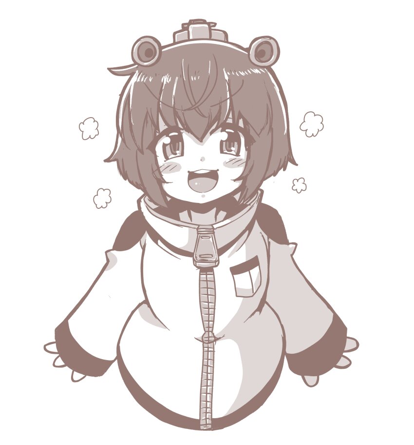 1girl, absurdres, commentary_request, greyscale, headgear, highres, jacket, kantai_collection, makyurom, monochrome, open_mouth, radar_hair_ornament, round_teeth, short_hair, sleeves_past_wrists, smile, solo, teeth, upper_teeth_only, yukikaze_(kancolle), zipper, zipper_pull_tab