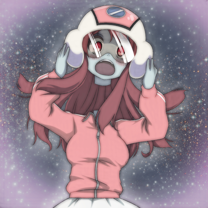 1girl, blush, breasts, brown_hair, disembodied_head, grey_skirt, helmet, highres