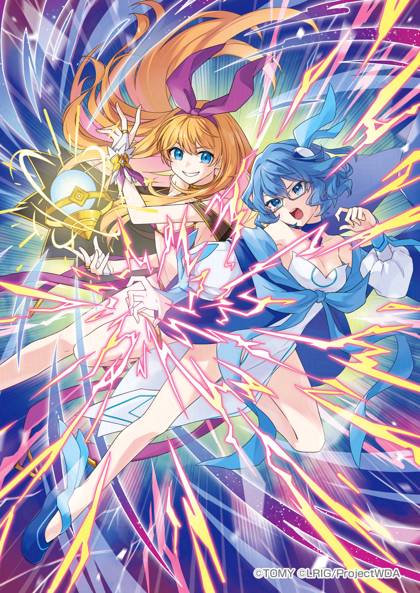 2girls, blonde_hair, blue_cape, blue_choker, blue_eyes, blue_shoes, bow, cape