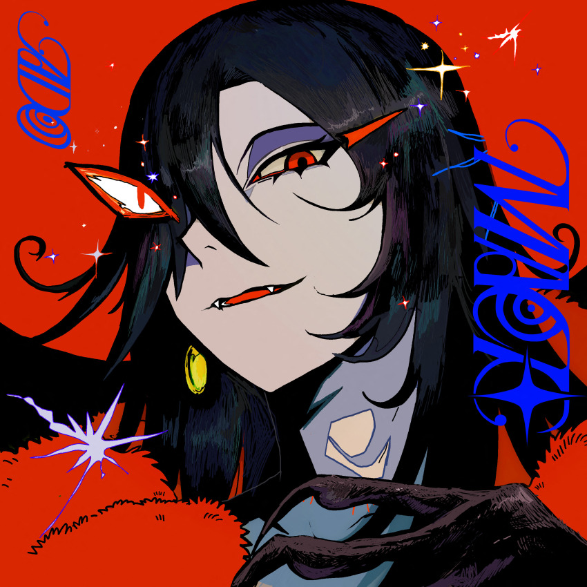 1girl, absurdres, ado_(utaite), bakui, black_hair, commentary_request, earrings, fangs