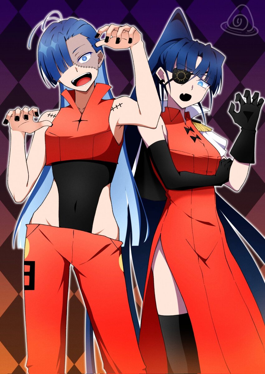 2girls, ado_(utaite), ahoge, asymmetrical_gloves, black_gloves, black_nails, black_thighhighs, blue_eyes