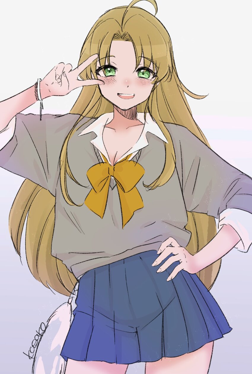 1girl, :d, ahoge, alternate_costume, arm_up, artist_name, blue_skirt, blush