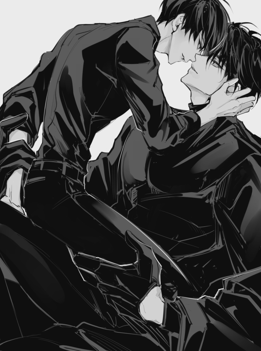 2boys, black_gloves, black_hair, black_shirt, collared_shirt, feet_out_of_frame, gloves, greyscale, hand_on_another's_arm, hand_on_another's_head, hand_on_another's_leg, highres, kim_dokja, looking_at_another, male_focus, monochrome, multiple_boys, muscular, muscular_male, omniscient_reader's_viewpoint, rhyme1863, shirt, short_hair, sitting_on_leg, tight_clothes, tight_shirt, yaoi, yoo_joonghyuk