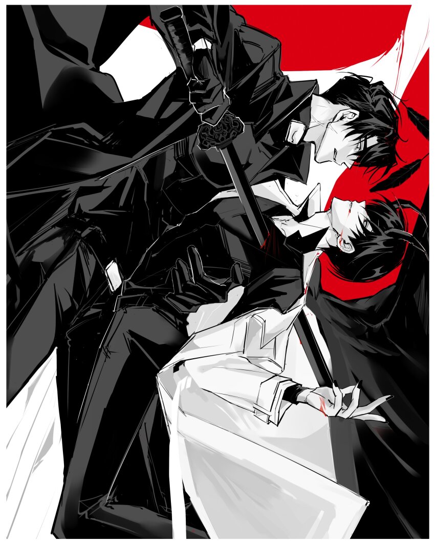 2boys, absurdres, black_coat, black_gloves, black_hair, black_wings, blood, blood_from_mouth