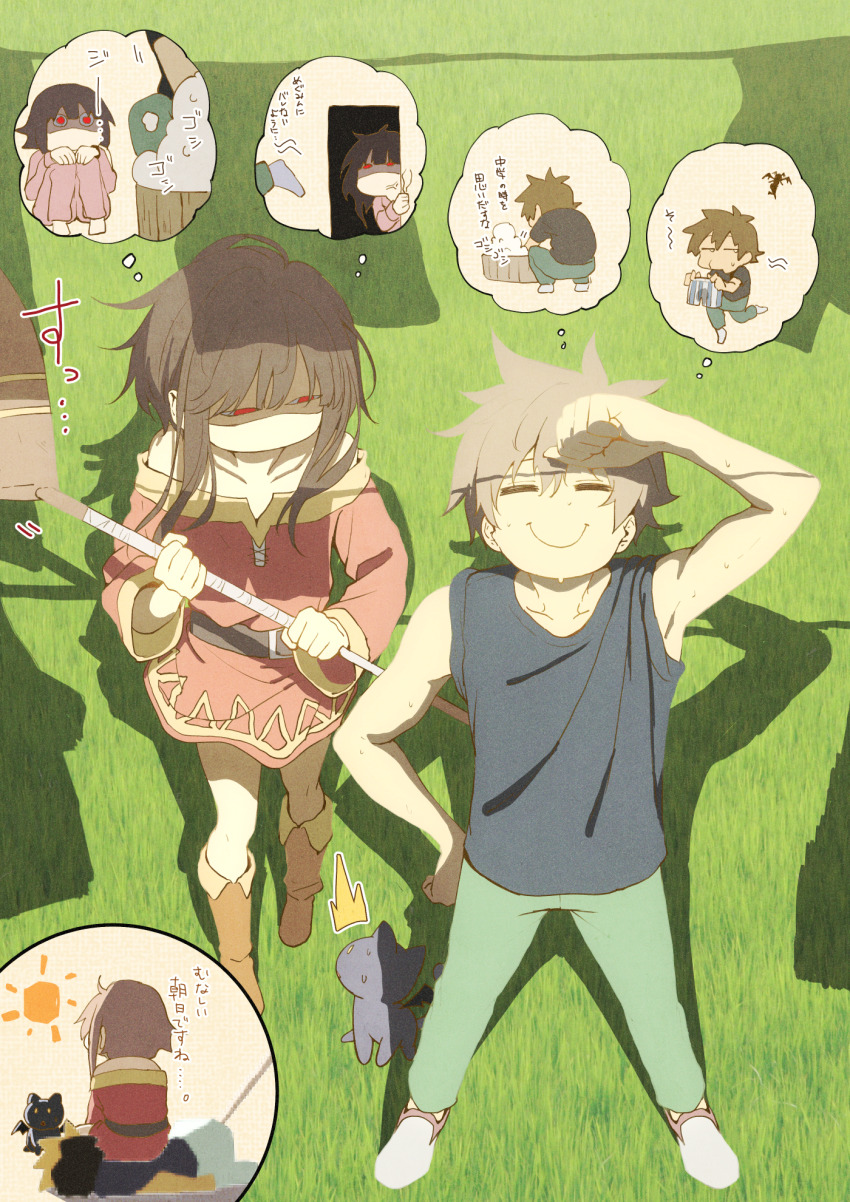 1boy, 1girl, animal, black_shirt, blush, boots, brown_hair, brown_pants