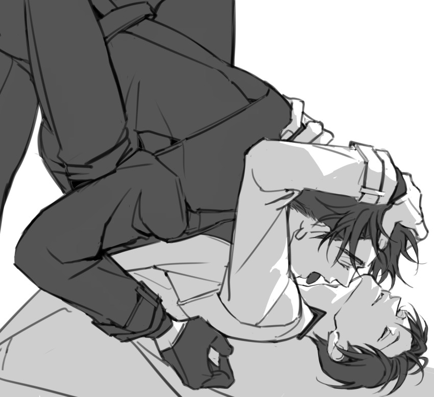 2boys, arm_around_shoulder, black_coat, black_gloves, closed_eyes, coat, gloves, greyscale