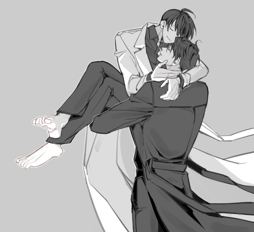 2boys, arm_around_neck, barefoot, black_coat, black_hair, black_shirt, closed_eyes, coat