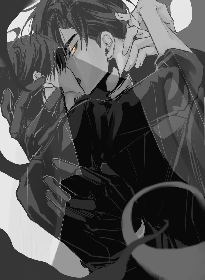 2boys, arm_around_neck, black_gloves, black_hair, commentary_request, curtained_hair, curtains, french_kiss
