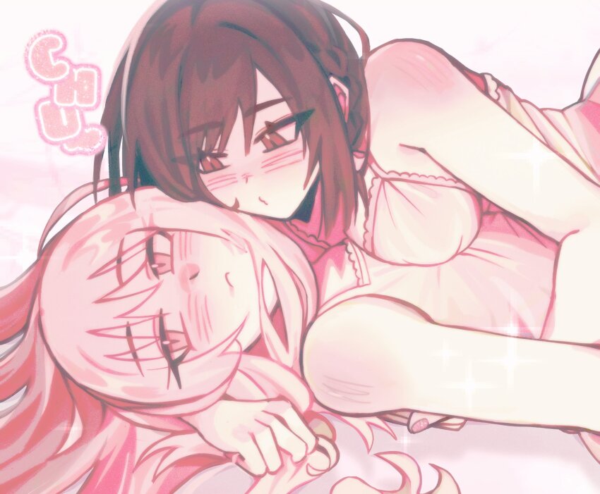 2girls, :c, akiyama_mizuki, arm_around_neck, arm_up, armpit_crease, blush, bow, bow_hairband, braid, breast_press, breasts, brown_hair, camisole, cleavage, clenched_hand, closed_mouth, commentary, fingernails, flat_chest, frilled_camisole, frills, from_side, hair_spread_out, hairband, half-closed_eyes, hand_in_another's_hair, hand_up, heads_together, highres, hug, long_hair, looking_at_another, looking_at_viewer, looking_to_the_side, luwwakk, lying, lying_on_person, multiple_girls, nail_polish, o3o, on_back, other_with_female, parted_bangs, pink_bow, pink_camisole, pink_eyes, pink_hair, pink_nails, project_sekai, puckered_lips, shinonome_ena, short_braid, short_hair, shoulder_blush, side_braid, sideways_glance, sleeveless, sound_effects, swept_bangs, upper_body, white_background, yuri