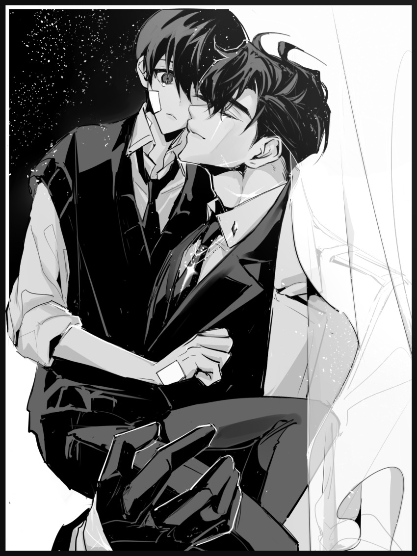 2boys, ;(, age_difference, bandage_on_face, bandages, bandaid, bandaid_on_hand, black_coat