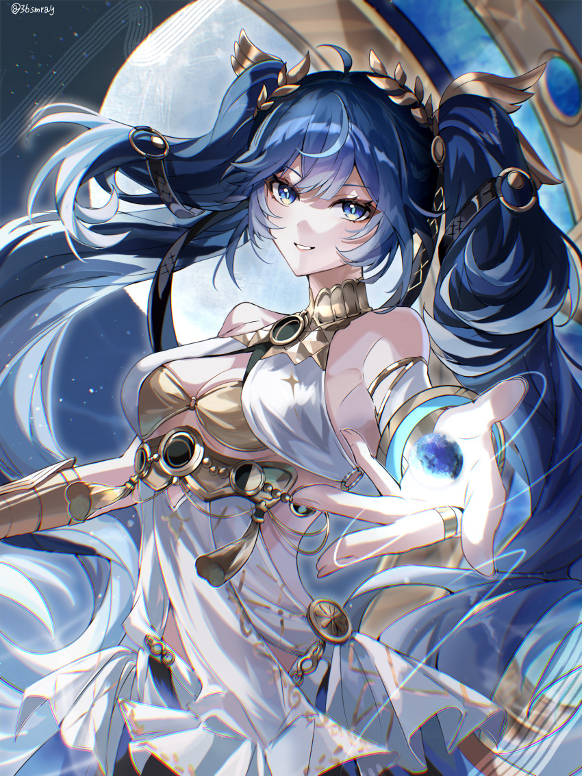 1girl, absurdres, ahoge, ancient_greek_clothes, bare_shoulders, blue_eyes, blue_hair, breasts, cleavage, commentary, fingernails, full_moon, gold_bra, gradient_hair, greco-roman_clothes, highres, iuno_(wuthering_waves), laurel_crown, looking_at_viewer, medium_breasts, moon, multicolored_hair, orb, outstretched_arm, parted_lips, ray_(36smray), smile, solo, twintails, twitter_username, upper_body, vambraces, wuthering_waves