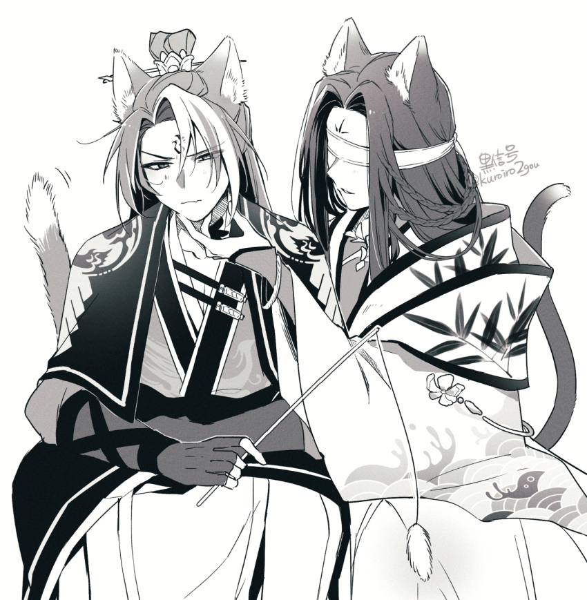 2boys, animal_ears, arm_strap, bamboo_print, blinking, bracelet, braid, cape