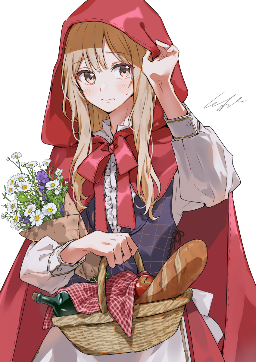 1girl, absurdres, baguette, blonde_hair, bread, bread_bag, cape, character_request, commentary_request, flower, food, highres, looking_to_the_side, pomu_(joynet), red_cape, ribbon, senpai_wa_otokonoko, shy, simple_background, solo, white_background