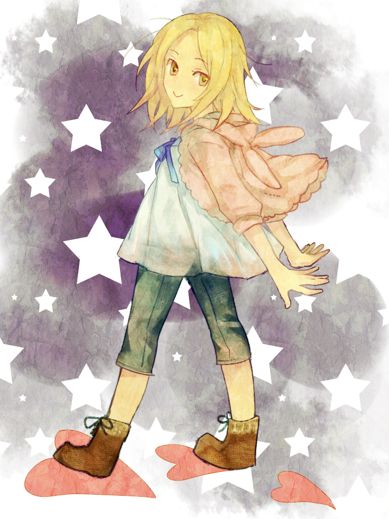 1girl, blonde_hair, capri_pants, child, female_focus, heart, hood, hoodie