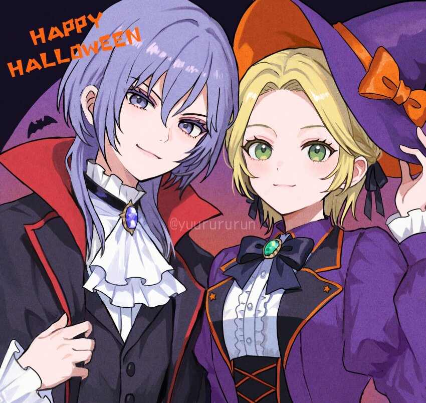 1boy, 1girl, alternate_costume, ascot, blonde_hair, closed_mouth, commentary_request, fire_emblem