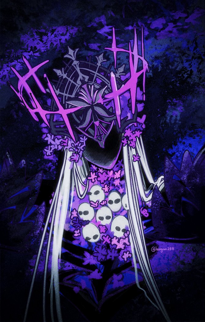 1girl, alternate_form, bad_end, black_background, black_eyes, commentary, doll, english_commentary, faceless, flower, hat, head_tilt, herta_(honkai:_star_rail), hongam2911, honkai:_star_rail, honkai_(series), irontomb, long_hair, purple_background, purple_flower, skull, the_herta_(honkai:_star_rail), twitter_username, very_long_hair