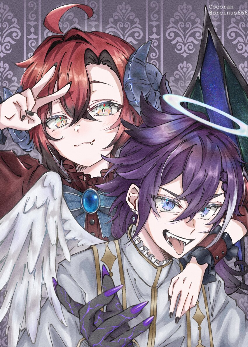 2boys, ahoge, angel_wings, banzoin_hakka, black_nails, earrings, fangs, halo