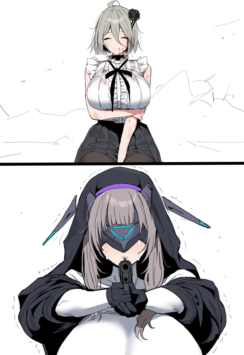 2girls, ^_^, absurdres, black_gloves, black_skirt, blood, blood_on_face, breasts, brown_hair, captain_(chaos_zero_nightmare), chaos_zero_nightmare, closed_eyes, closed_mouth, commentary_request, crying, eye_mask, female_captain_(chaos_zero_nightmare), gloves, gun, handgun, highres, holding, holding_gun, holding_weapon, hood, huge_breasts, injury, mask, multiple_girls, renoa_(chaos_zero_nightmare), shirt, simple_background, skirt, sleeveless, sleeveless_shirt, smile, tears, trembling, weapon, white_background, white_shirt, xipa