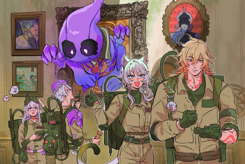 2girls, absurdres, animal_ears, antenna_hair, arm_tattoo, behind_another, blonde_hair, blue_eyes