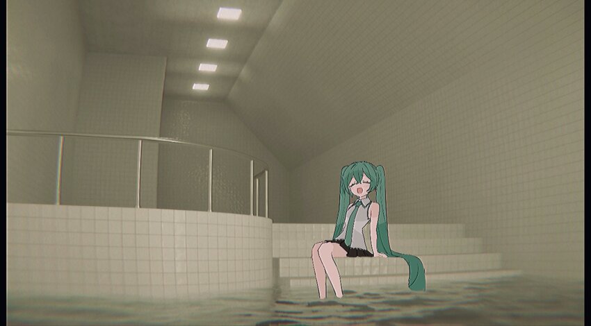 1girl, 3d_background, :d, =_=, absurdly_long_hair, aqua_hair, aqua_necktie, backrooms_(creepypasta)