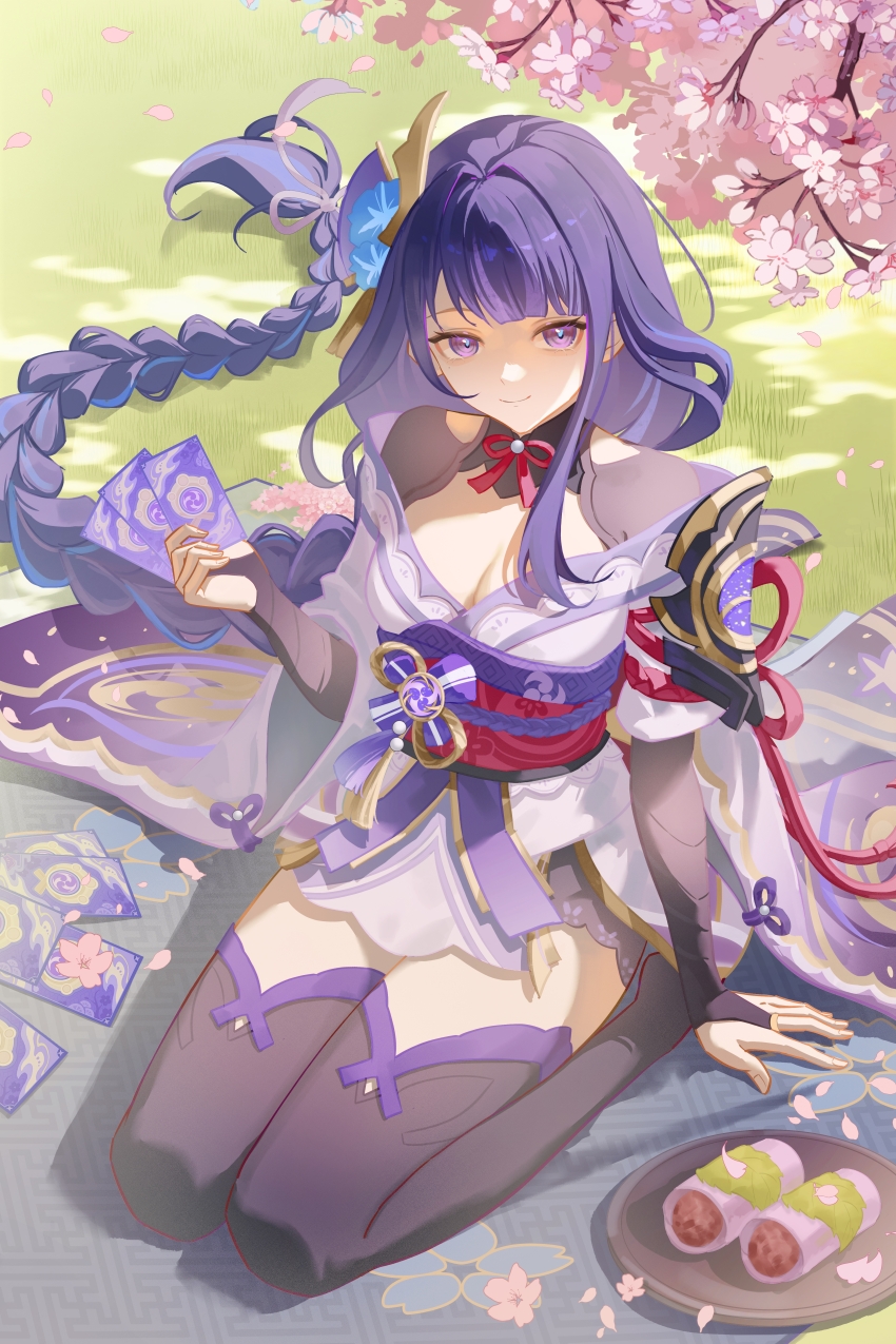 1girl, absurdres, armor, blue_flower, blunt_bangs, braid, branch, breasts