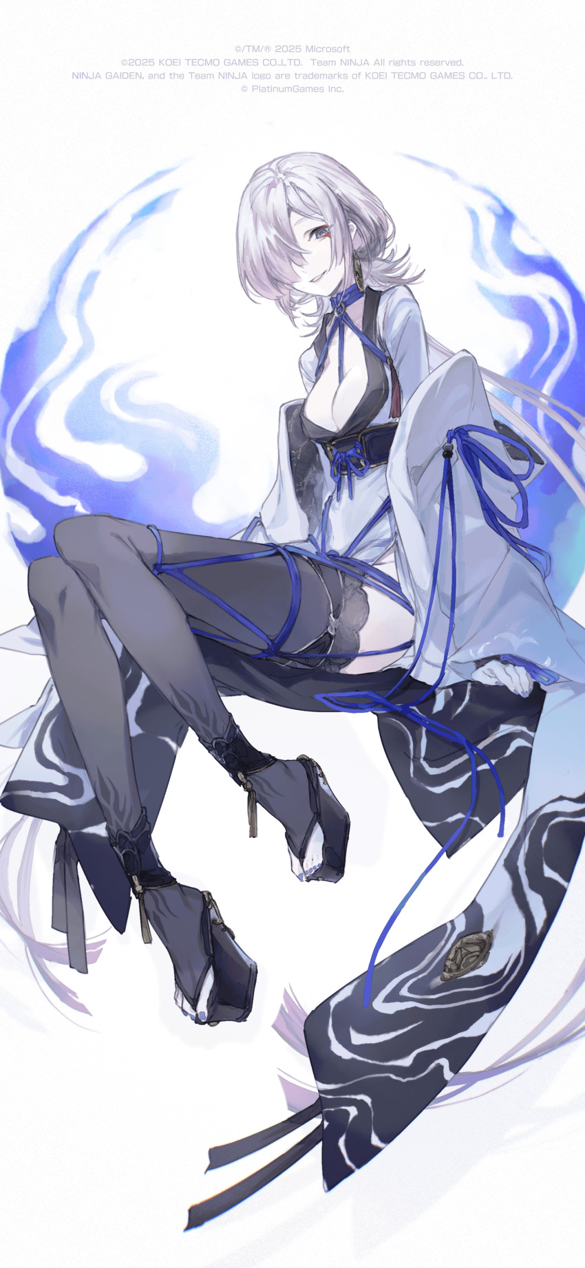 1girl, 2025, absurdres, black_thighhighs, blue_eyes, blue_hair, blush, breasts