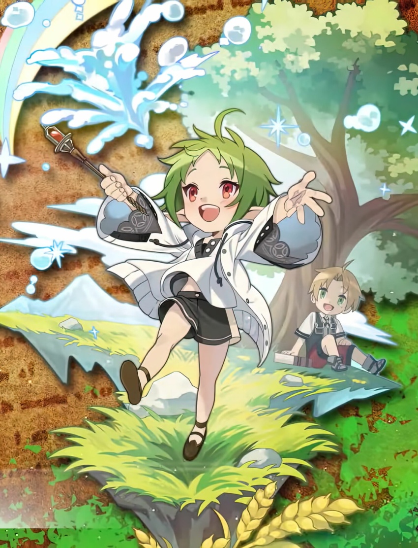 1boy, 1girl, ahoge, book, brown_hair, casting_spell, cloud, commentary_request, grass, green_eyes, green_hair, highres, holding, holding_wand, hydrokinesis, looking_at_another, md5_mismatch, mushoku_tensei, official_art, on_ground, rainbow, red_eyes, resized, rudeus_greyrat, sevens_story, sitting, smile, sylphiette_(mushoku_tensei), tree, upscaled, wand, water, wheat