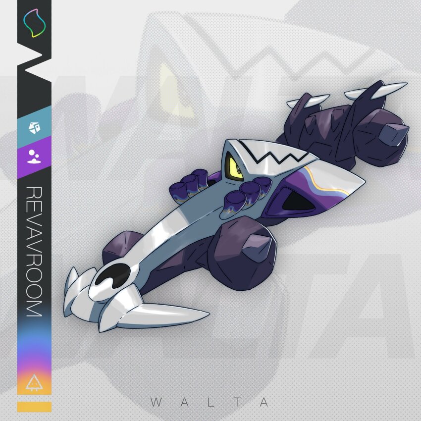 art_walta, car, character_name, full_body, glowing, glowing_eye, highres, looking_at_viewer, mega_pokemon_(other), motor_vehicle, nintendo, no_humans, one-eyed, pokemon, pokemon_(creature), pokemon_focus, race_vehicle, racecar, revavroom, solo