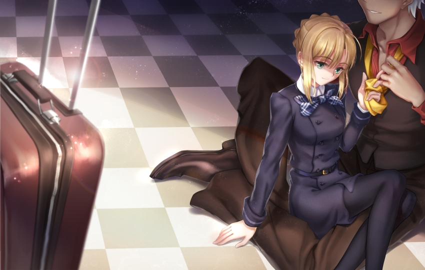 1boy, 1girl, antatica11, archer_(fate), artoria_pendragon_(fate), black_dress, black_pantyhose, blonde_hair