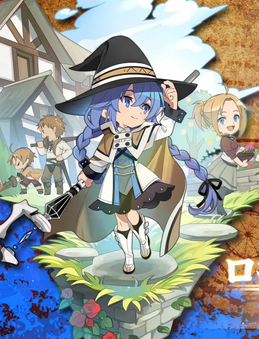 2boys, 2girls, ahoge, blonde_hair, blue_eyes, boots, bow, braid