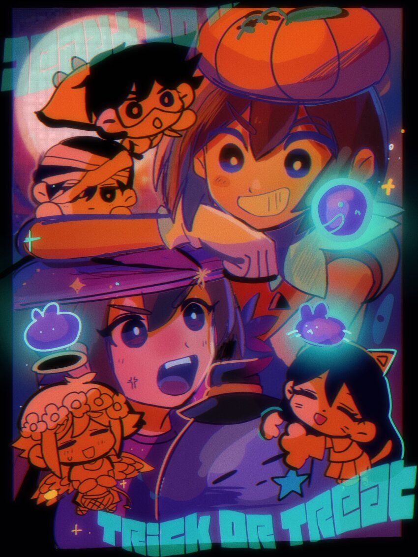 2girls, 4boys, angel, angel_wings, anger_vein, animal_ear_hairband, animal_ears, aubrey_(faraway)_(omori)