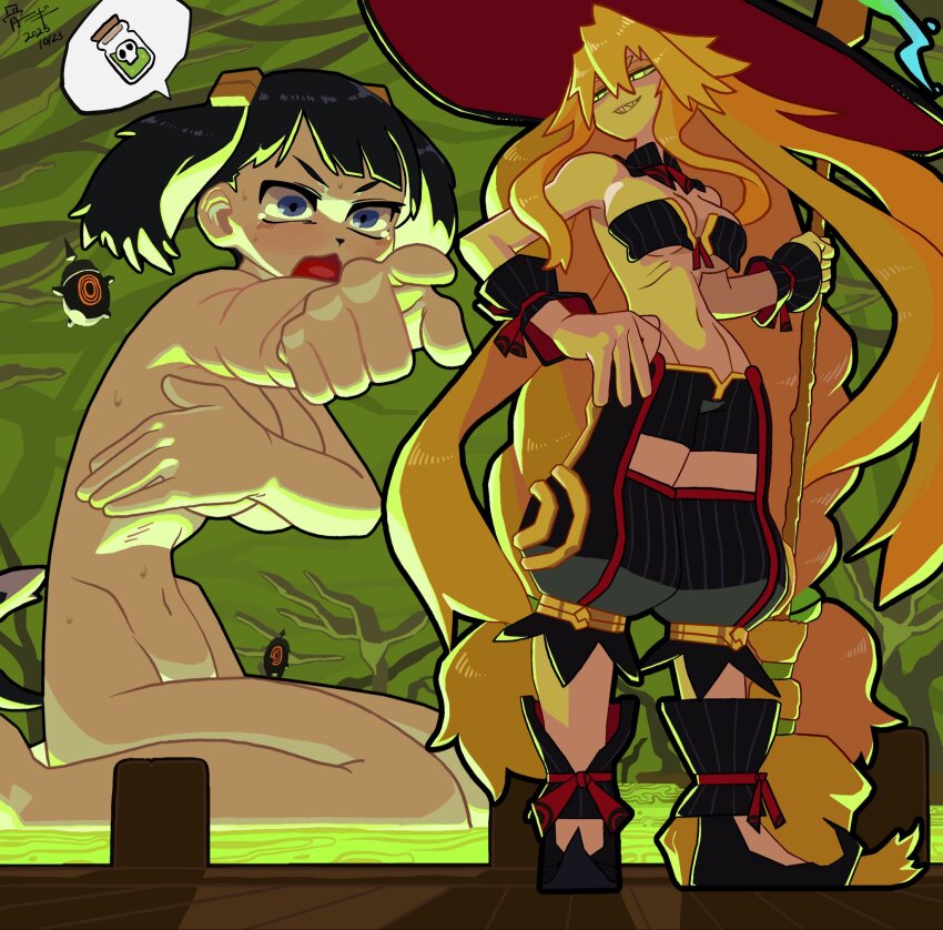 2girls, blonde_hair, bone_nigi, covering_breasts, covering_privates, disgaea, groin, hat