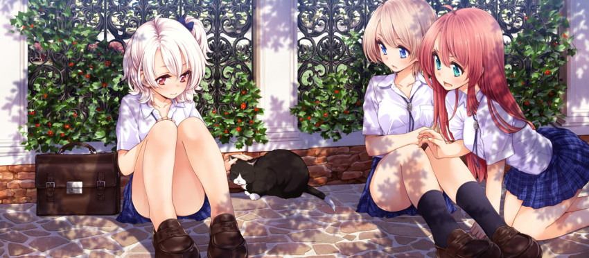 3girls, ahoge, aqua_eyes, bag, black_legwear, blonde_hair, blue_eyes, bolo_tie