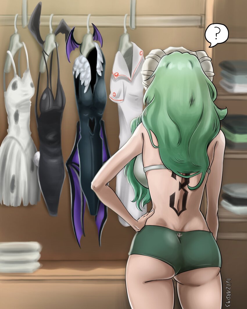 1girl, absurdres, ass, back_tattoo, bare_shoulders, bleach, breasts, closet