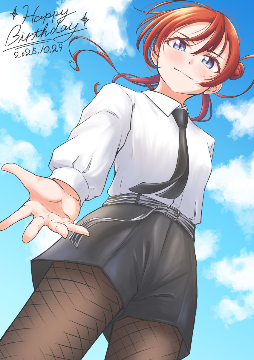 1girl, absurdres, black_necktie, black_shorts, blue_eyes, blue_sky, blush, closed_mouth, cloud, collared_shirt, commentary_request, cowboy_shot, cursive, dated, day, dress_shirt, fishnet_pantyhose, fishnets, from_below, hair_bun, happy_birthday, highres, liella!_solo_outfit_design_vote, long_sleeves, looking_at_viewer, love_live!, love_live!_superstar!!, necktie, offering_hand, pantyhose, red_hair, shirt, short_hair_with_long_locks, shorts, single_side_bun, sky, smile, solo, uduki_fuji, white_shirt, yoneme_mei