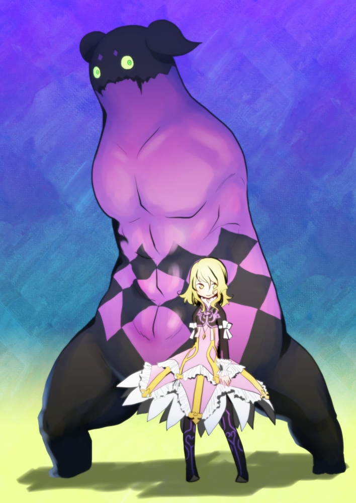 bow, creature, dress, elize_lutus, green_eyes, koneri_(toyotarou), muscular, ribbon, short_hair, tales_of_(series), tales_of_xillia, teepo_(tales)