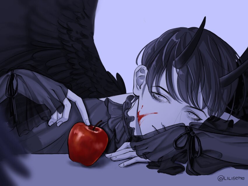 absurdres, aegyo_sal, apple, black_hair, black_wings, blood, blood_on_face, commentary
