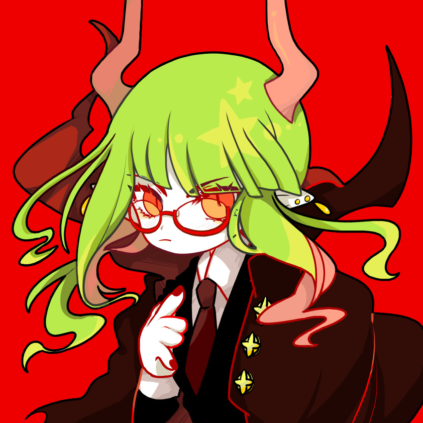 1boy, absurdres, akhssm-br, black_suit, demon_boy, demon_horns, formal_clothes, funamusea, green_hair, haiiro_teien, highres, horns, long_sidelocks, looking_at_viewer, red_eyes, short_hair_with_long_locks, sidelocks, slit_pupils, solo, suit, yosaflame_(funamusea)
