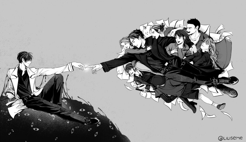 3boys, 5girls, absurdres, arm_around_neck, biyoo_(omniscient_reader's_viewpoint), black_hair, black_shirt, bodysuit