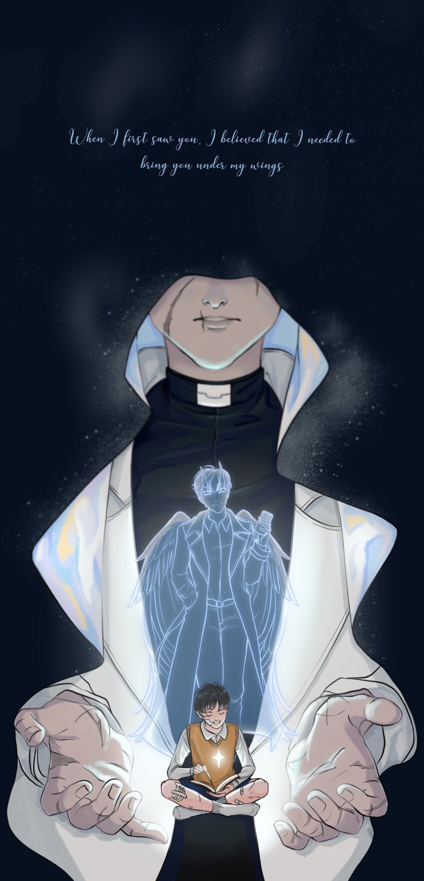 3boys, absurdres, black_shirt, blending, book, cloak, coat, crossed_ankles