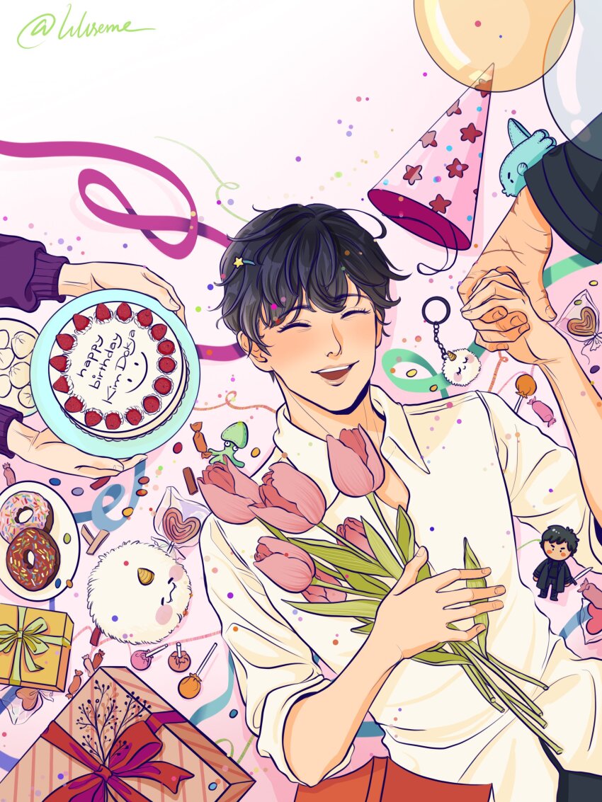 1boy, 2others, absurdres, biyoo_(omniscient_reader's_viewpoint), black_hair, book, bouquet, cake
