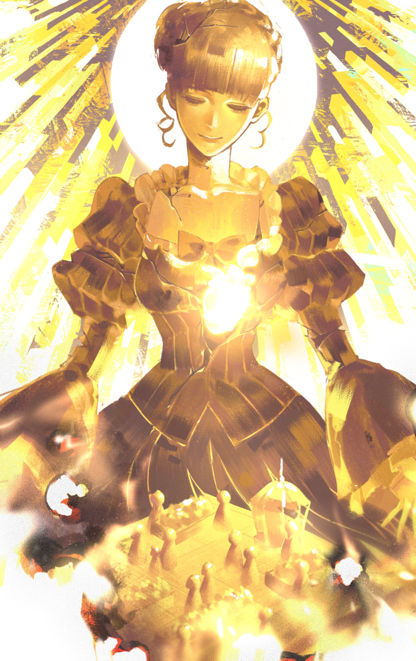 1girl, beatrice_(umineko), blunt_bangs, bow, braid, closed_eyes, cowboy_shot, crown_braid