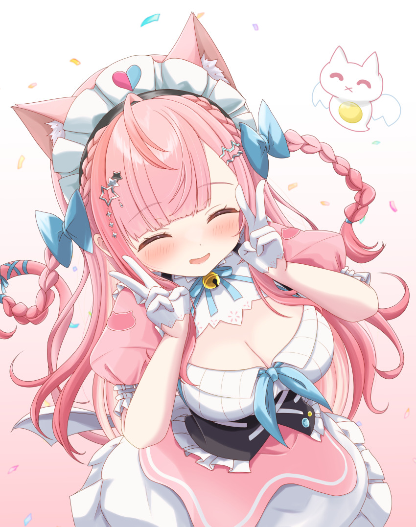 1girl, absurdres, ahoge, animal_ears, animal_print, badge, bell, blue_bow