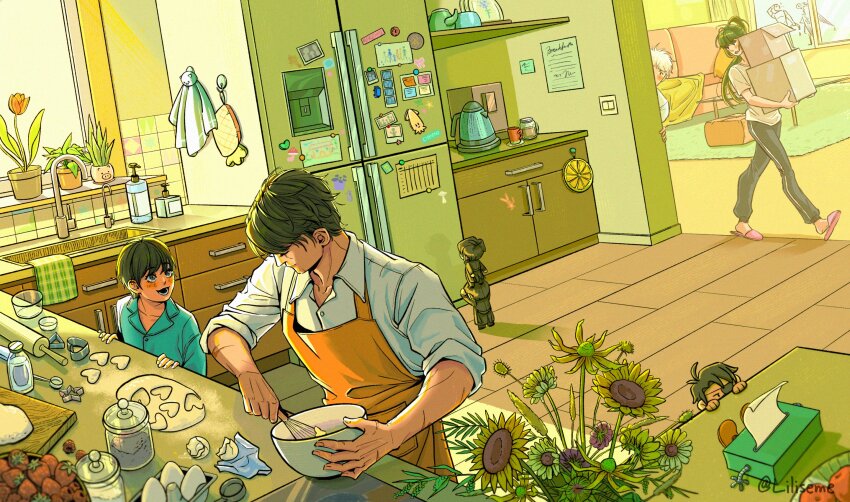 1girl, 3boys, 3others, apron, baking, black_hair, box, cardboard_box