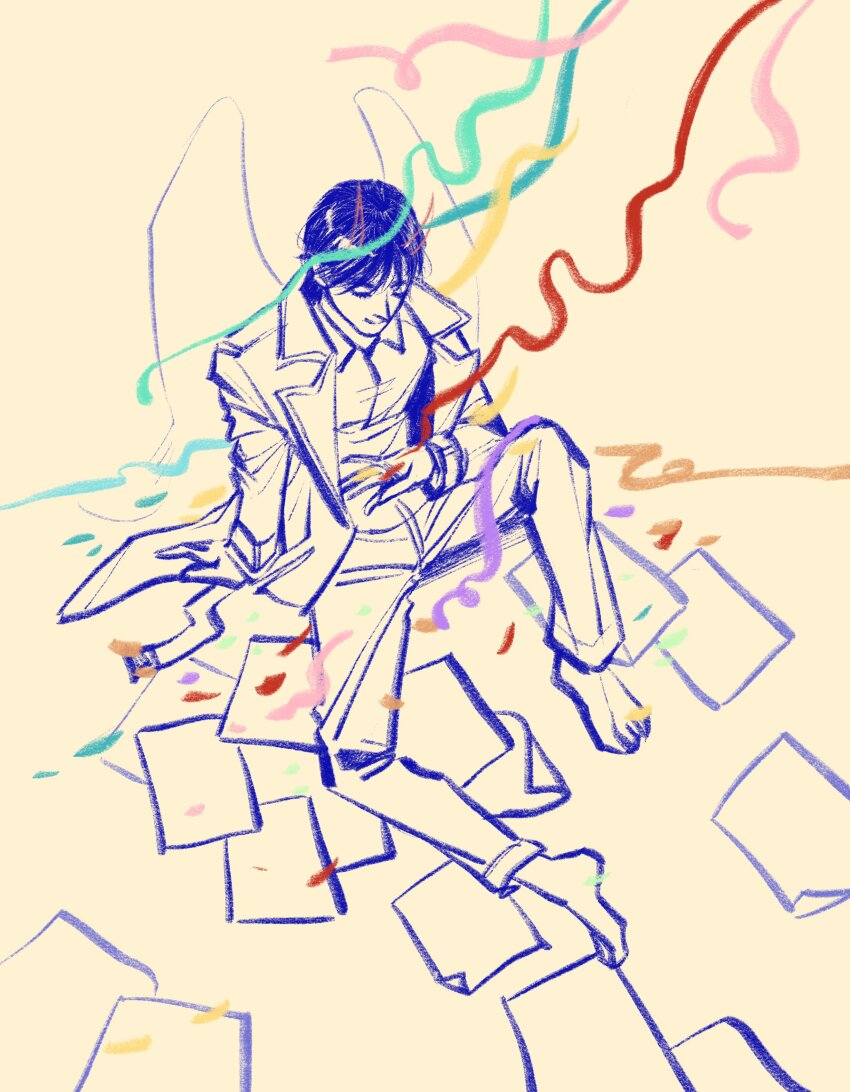 1boy, absurdres, barefoot, blue_hair, coat, confetti, demon_horns, full_body