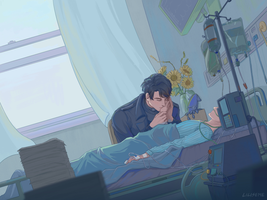 2boys, absurdres, bandaid, bandaid_on_hand, bed, black_coat, black_shirt, closed_eyes