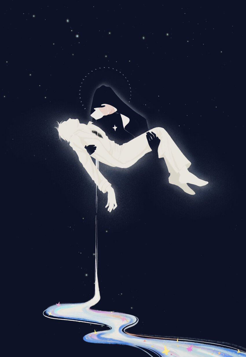 2boys, absurdres, barefoot, black_gloves, bleeding, blood, carrying, cloak, demon_horns, faceless, gloves, halo, halo_behind_head, highres, hole_in_chest, hole_on_body, hood, hood_up, hooded_cloak, horns, kim_dokja, knees_up, liliseme, limited_palette, multiple_boys, omniscient_reader's_viewpoint, princess_carry, river, scar, scar_on_face, secretive_plotter, short_hair, sky, sparkle, star_(sky), starry_sky, yoo_joonghyuk